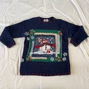 Vtg Y2K 2001 Blue Knit Embroidered Snowman Pullover Sweater Wmns M Holiday
